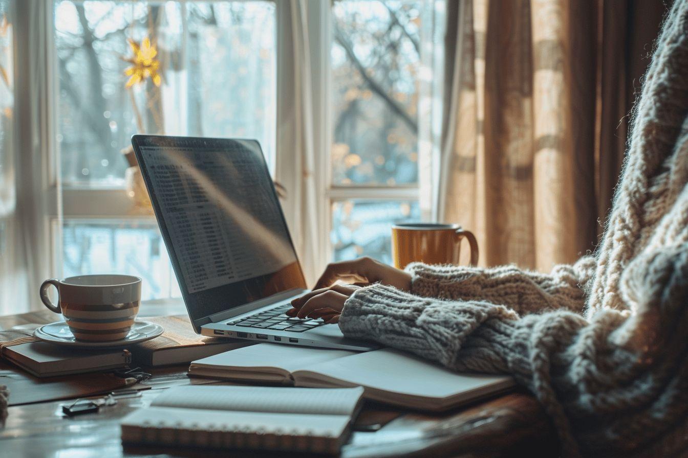 Ordinateur portable, tasse de café, carnets sur un bureau près d'une fenêtre enneigée